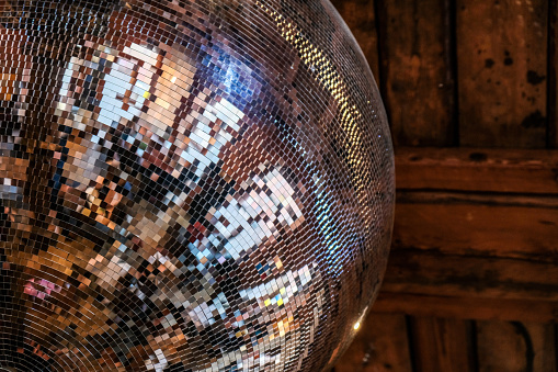 Close-up of Disco ball on wooden background