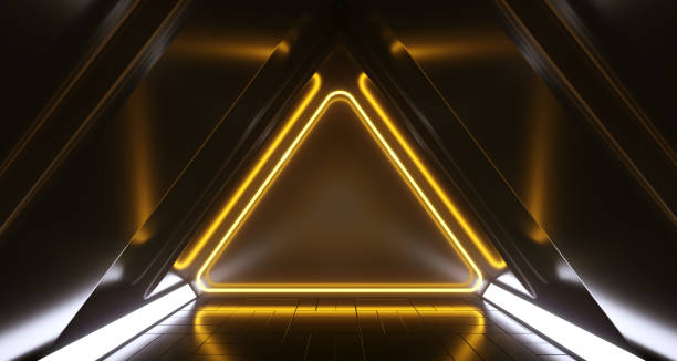 istock Dark Futuristic Triangle Sci-Fi Empty Corridor Room With Neon Lights And Reflections. 3D Rendering 967676798