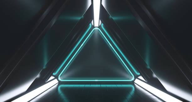 istock Dark Futuristic Triangle Sci-Fi Empty Corridor Room With Neon Lights And Reflections. 3D Rendering 967676904