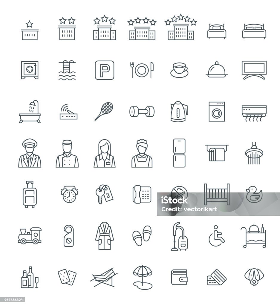 Hotel services vector outline icons set Hotel services vector outline icons set. Simple linear pictograms. Isolated on white. Thin line symbols for choosing of apartment. Different services for traveling singles and families with kids Hotel stock vector