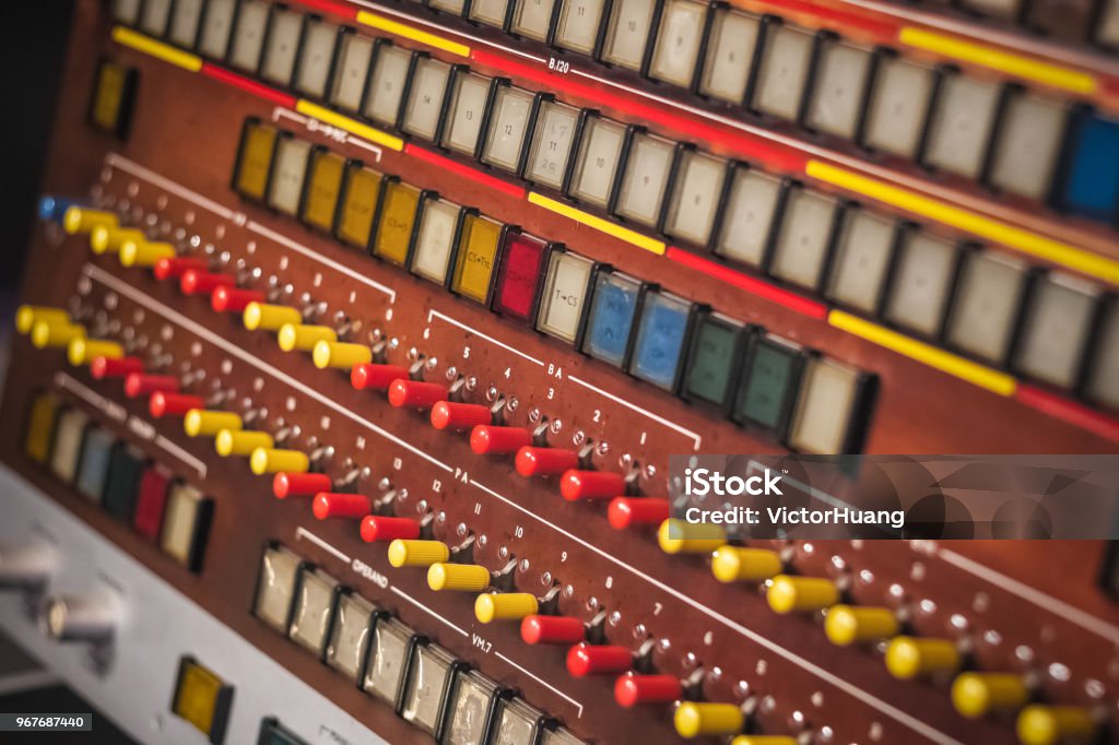Industrial control panel with various buttons and toggle switches Selective focus, industrial control panel with various buttons and toggle switches London - England Stock Photo