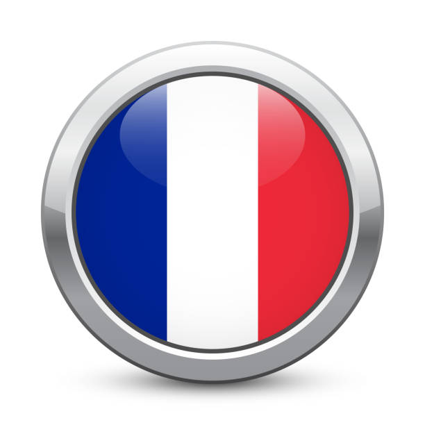 frankreich - glänzende metallische knopf mit nationalflagge. französisch-symbol isolierten auf weißen hintergrund. - insignia campaign button france french culture stock-grafiken, -clipart, -cartoons und -symbole