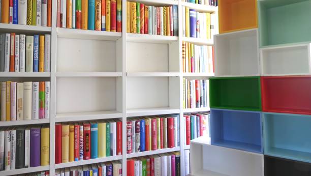 istock Library with many books and empty colorful shelfs 967720360