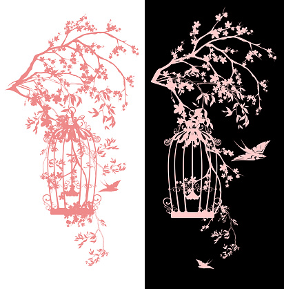 bird cage among sakura blossom - spring season blooming garden vector design