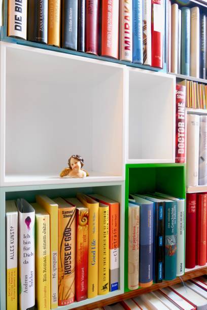 istock Library with many books and empty colorful shelfs 967723042
