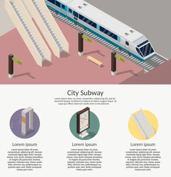 Vector illustration of Isometric infoographic low poly Subway station platform set with train, underground and inside the railway, metro wagon.