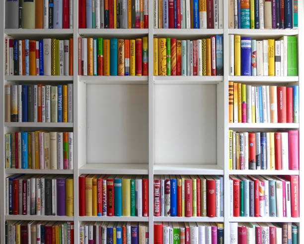 istock Library with many books and empty colorful shelfs 967724346