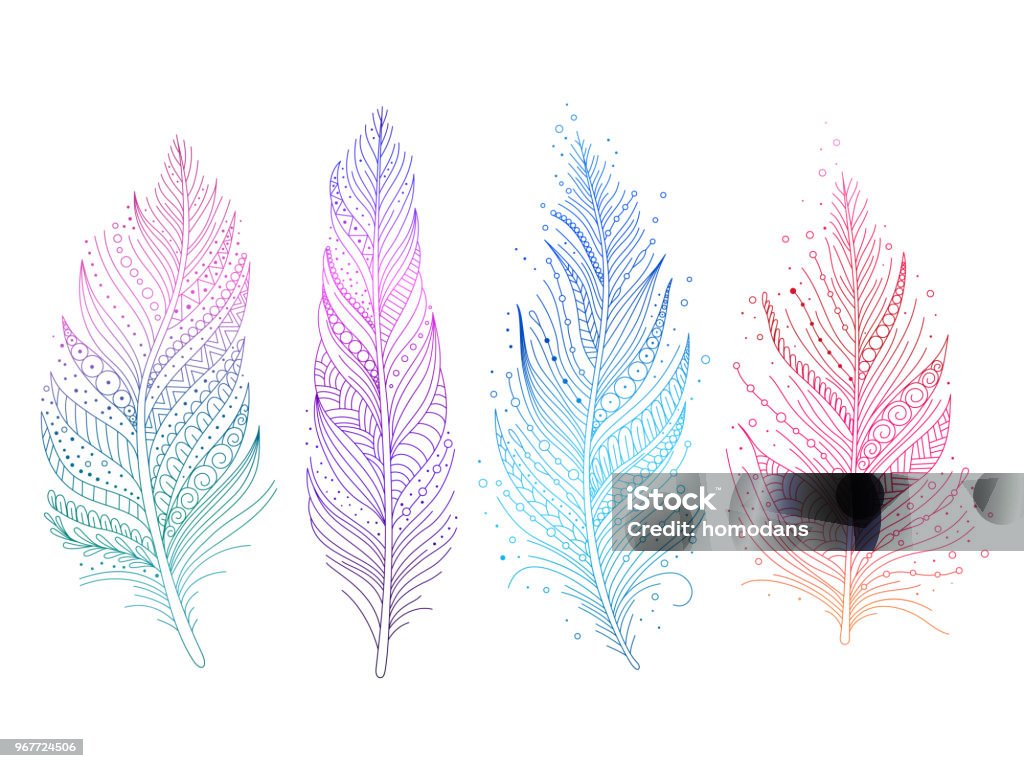 Colored bird feathers Colored bird feathers isolated objects - blue, purple, green and pink, boho style. Vector illustration. Feather stock vector