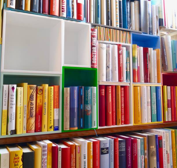 istock Library with many books and empty colorful shelfs 967724552