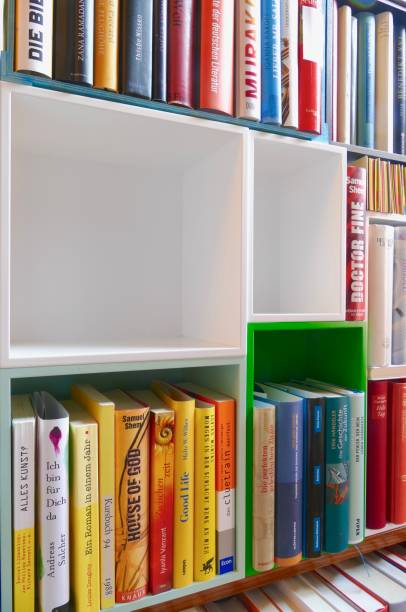istock Library with many books and empty colorful shelfs 967724840