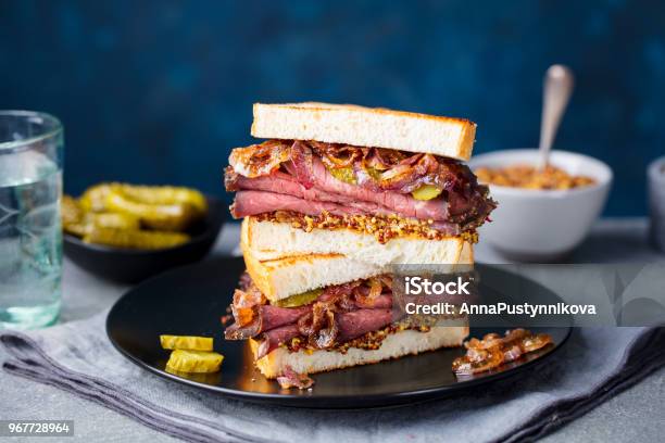 Roast Beef Sandwich On A Plate With Pickles Copy Space Stock Photo - Download Image Now
