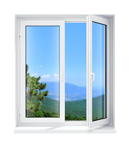 istock White framed glass window opening to the outdoors 96773432