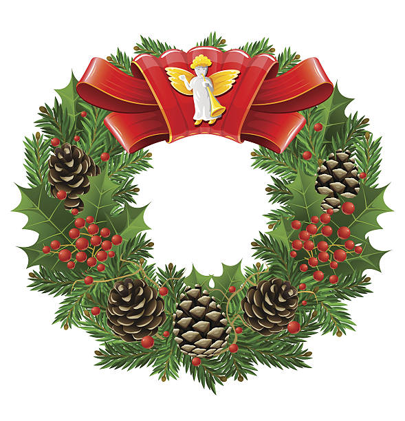 istock christmas wreath with red ribbon and angel 96773586