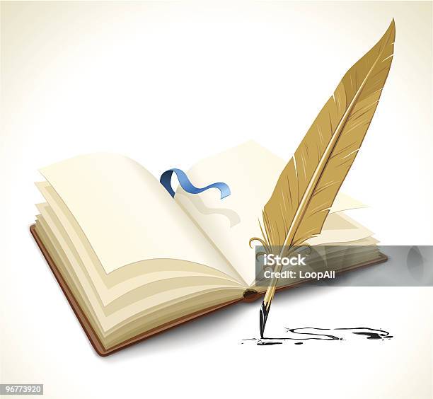 Opened Book With Ink Feather Tool Stock Illustration - Download Image Now - Book, Ancient, Blank