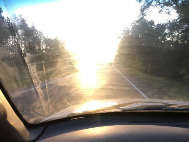 istock Driver's impeded view of road while facing bright sunrise through dirty windshield 967743794