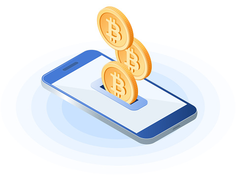 Flat isometric illustration of bitcoins droping into slot at the mobile phone screen. The depositing money into an account, e-commerce, blockchain, cryptocurrency, business vector concept illustration.