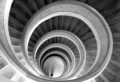 Circular stairs in Chinese temple (Black and white)
