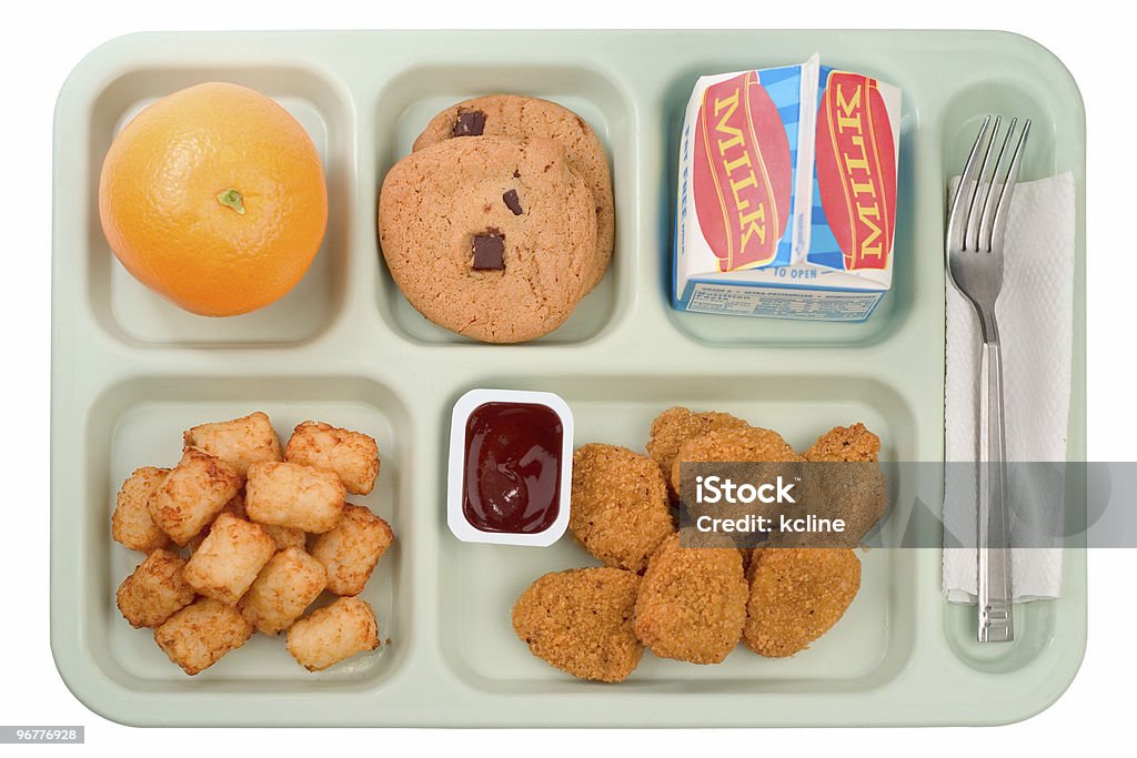 Scuola cibo-crocchette di pollo - Foto stock royalty-free di Pranzo scolastico