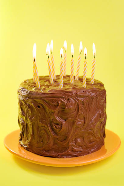 istock Single round chocolate cake with several candles on top 96777043