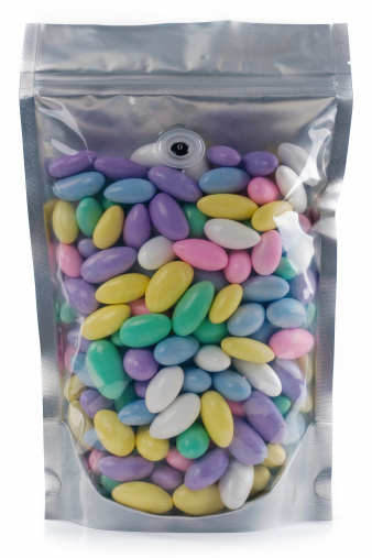 Jordan Almonds in a zip top foil pouch with a clear side to view the contents.  Design ready for your label or logo design.