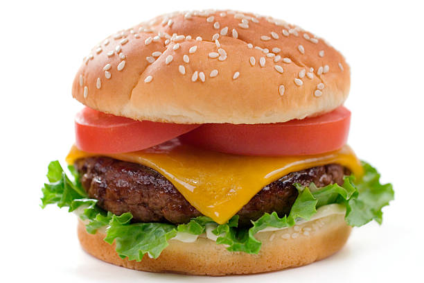 cheeseburger - burger isolated lettuce tomato stock-fotos und bilder