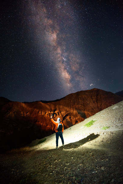 milky way and me having selfie with Milky Way at sham valley ,no light pollution is one of the best place to view Milky Way night ladakh region photos stock pictures, royalty-free photos & images