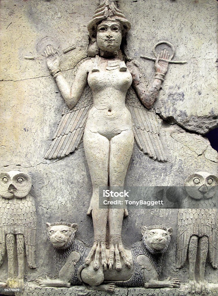 Ancient Babylonian Figure, Queen of the Night Ancient Babylonian figure dating from between 1792 and 1750 BC of  Queen of the Night probably a goddess of sexual love or the ruler of the underworld,  Mesopotamian Stock Photo