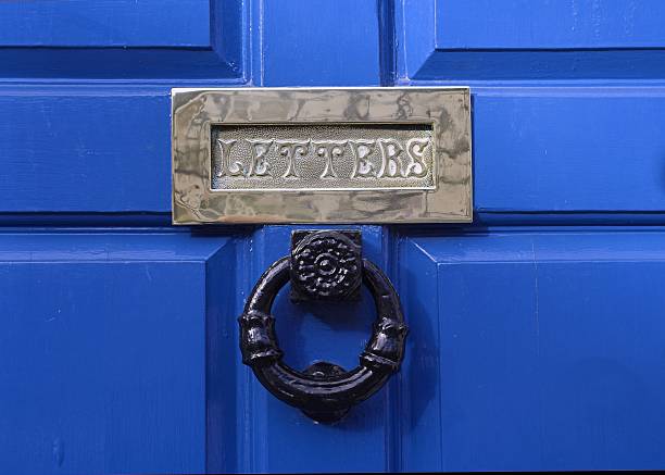 Brass Letter Box  blue front door stock pictures, royalty-free photos & images