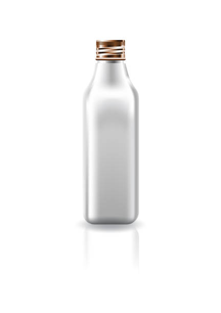 istock Blank white cosmetic square bottle with copper screw lid for beauty product packaging. Isolated on white background with reflection shadow. Ready to use for package design. Vector illustration. 967812586