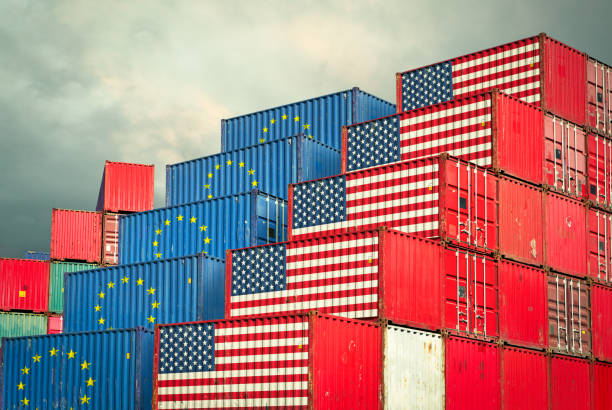 Cargo containers with EU and United States flag