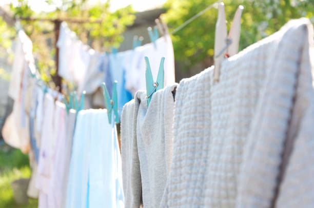 istock washed clothes are dried on a rope 967816910