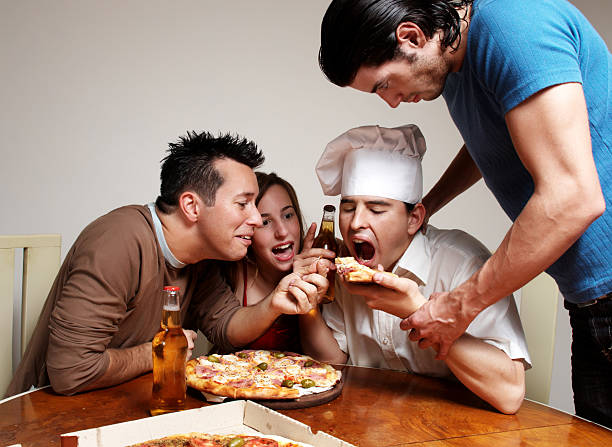 istock Cheerful group of youth in a pizza 96781838