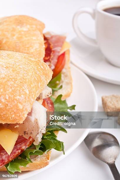 Foto de Pão Ciabatta Sanduíches E Café e mais fotos de stock de Café - Bebida - Café - Bebida, Fundo Branco, Sanduíche