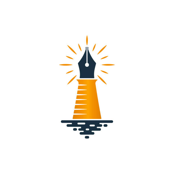 leuchtturm und füllfederhalter-logo-design - sea sign direction beacon stock-grafiken, -clipart, -cartoons und -symbole