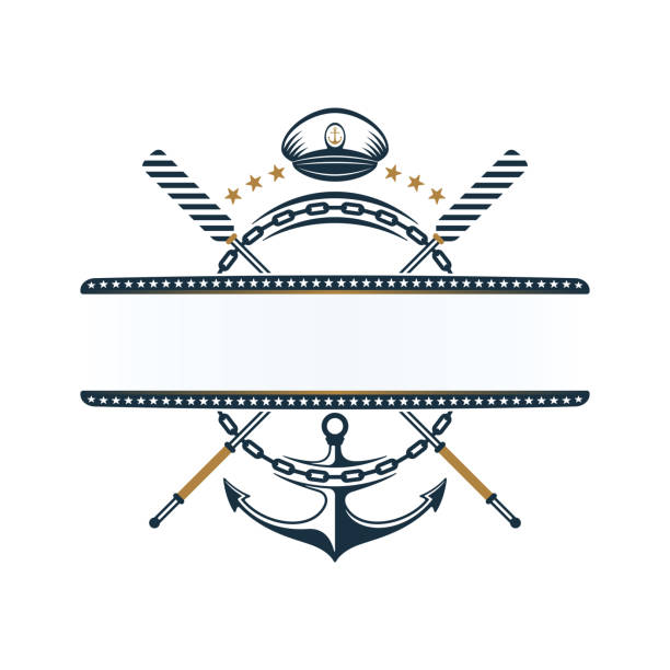 Nautical label; anchor, oar, anchor chain, captains hat icons Anchor, oar, anchor chain, captains hat icons design. Nautical label on white background. turkey tattoo stock illustrations