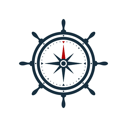 Ship wheel and compass rose on white background. Nautical icon design.