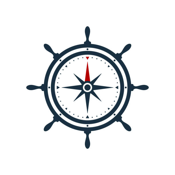 Ship wheel compass rose design Ship wheel and compass rose on white background. Nautical icon design. rudder stock illustrations