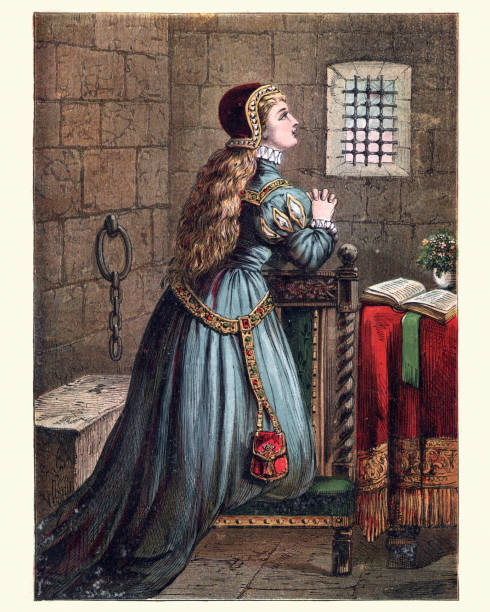 Medieval woman held prisoner in the Tower of London Vintage engraving of a Medieval woman held prisoner in the Tower of London lady jane grey stock illustrations