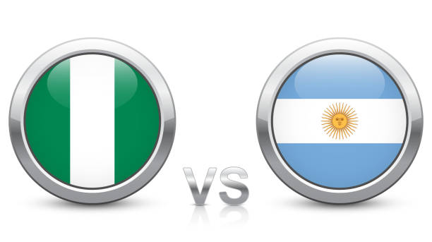 stockillustraties, clipart, cartoons en iconen met nigeria vs. argentinië - match 39 - groep d - 2018 toernooi. glanzende metallic pictogrammen knoppen met nationale vlaggen geïsoleerd op een witte achtergrond. - argentina fans world cup