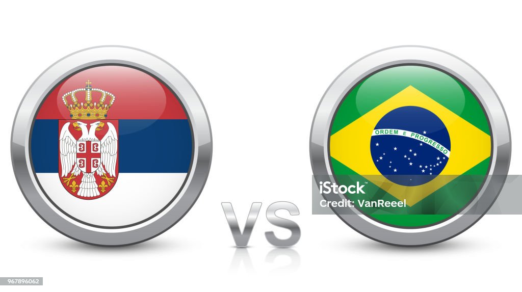 Serbia vs. Brazil - Match 41 - Group E - 2018 tournament. Shiny metallic icons buttons with national flags isolated on white background. Serbia vs. Brazil - Match 41 - Group E - 2018 tournament. Shiny metallic icons buttons with national flags isolated on white background. Vector EPS 10 Soccer stock vector