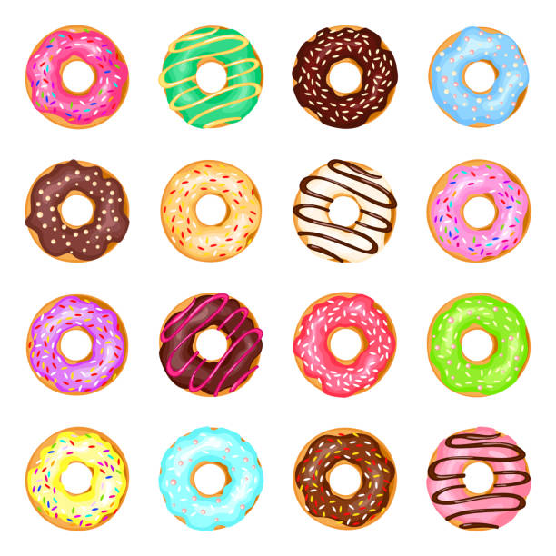 ÐÐµÐ·ÑÐ¼ÑÐ½Ð½ÑÐ¹-1 Sweet donuts set. Cute small fried cake of sweetened dough, in the shape of a ball or ring, tasty party bakery. Vector flat style cartoon donuts illustration isolated on white background. donuts stock illustrations