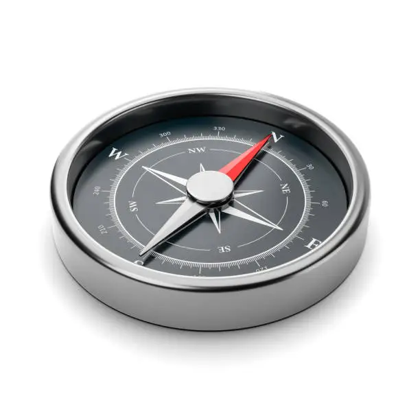 Metallic Compass with Red Magnetic Needle Pointing Toward the North on White Background 3D Illustration