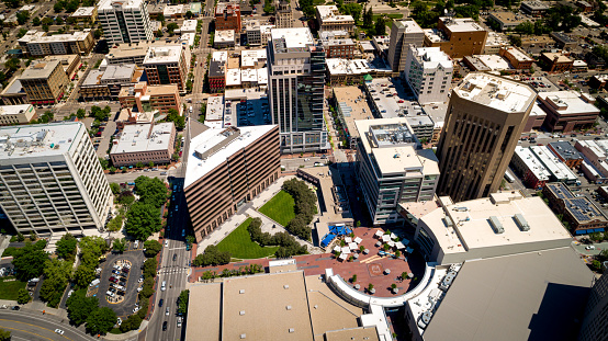 Popular square in downtown Boise aerial view from above with tall buildings