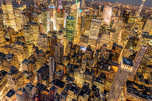 Aerial View of Manhattan Skyline at Night