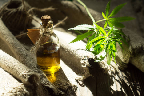 istock Hemp oil, canvas and threads on a dark wooden surface 967917344
