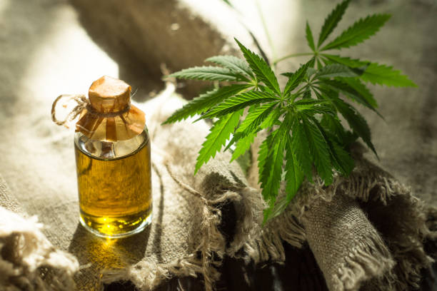 istock Hemp oil, canvas and threads on a dark wooden surface 967917348