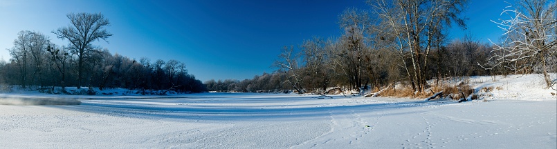 Russia, South of Western Siberia. Spring view of the last ice on the small flat rivers of Kuzbass.