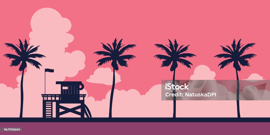 Lifeguard and beach 001 - 1 Lifeguard station on a beach with palm on a sunset sky. Vector illustration with tropical landscape. Summer card. Beach stock vector