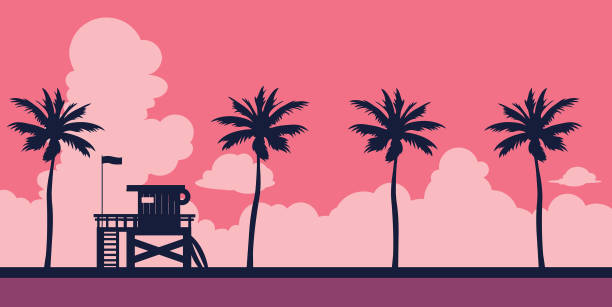 Lifeguard and beach 001 - 1 Lifeguard station on a beach with palm on a sunset sky. Vector illustration with tropical landscape. Summer card. california illustrations stock illustrations