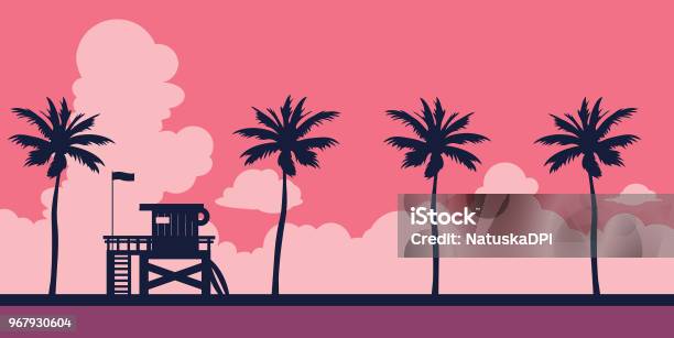 Lifeguard And Beach 001 1 Stock Illustration - Download Image Now - Beach, Palm Tree, California